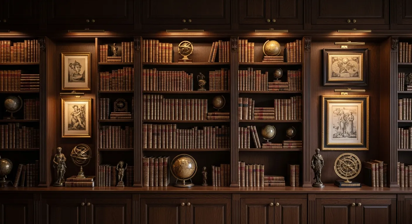 A Magnificent, Scholarly Library Wall Featuring Floor-to-Ceiling Dark Wooden Built-in Bookcases