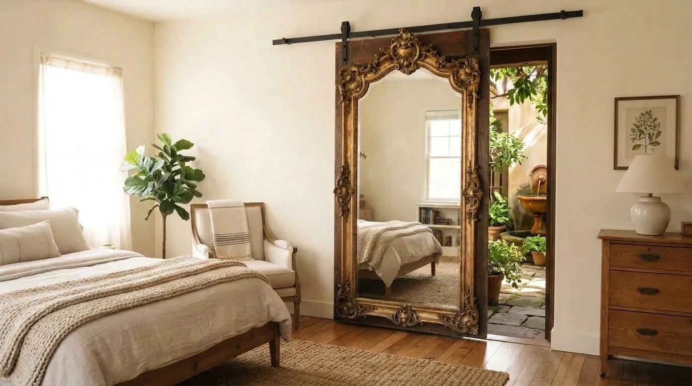 A Majestic, Partially Open, Full-length Mirrored Barn Door