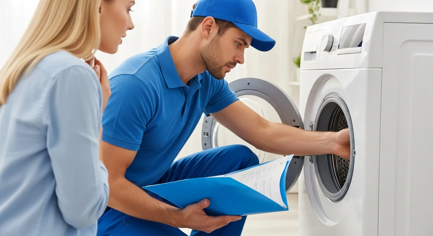 A Male Appliance Repair Technician is Kneeling on a Floor, Leaning Forward Into the Appliance