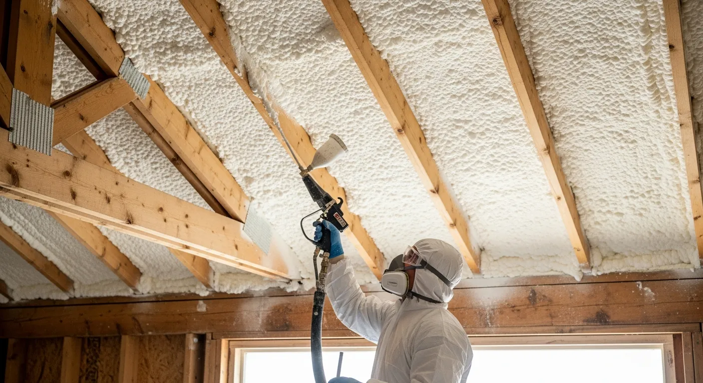 A Male Construction Worker, Actively Applying White Expanding Spray Foam Insulation