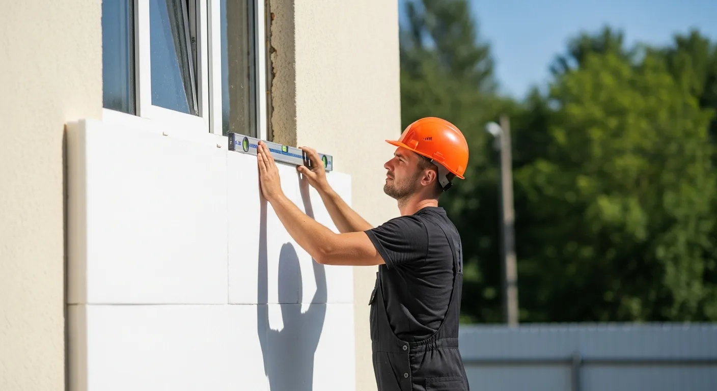 A Male Construction Worker Precisely Installing White Polystyrene Insulation Panels on a Building Wall