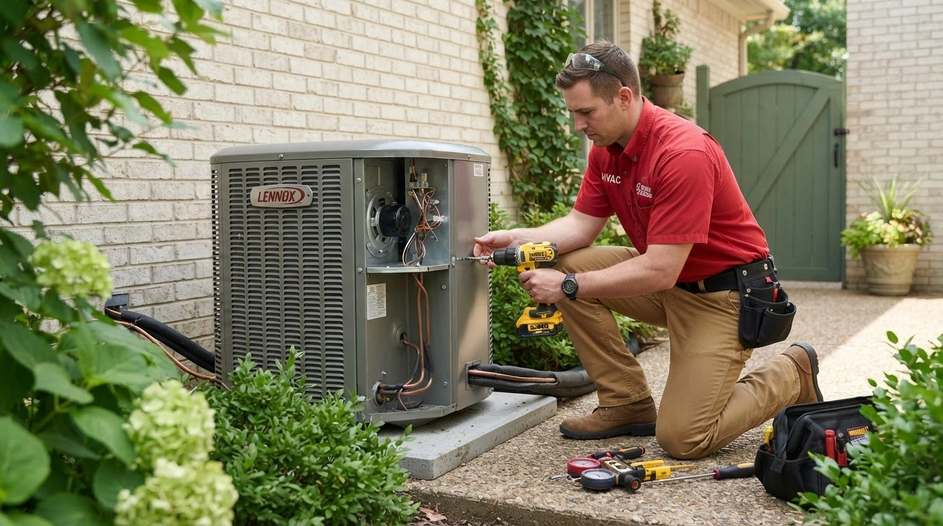 A Male HVAC Technician Using a Yellow Power Drill to Install a Grey Lennox Air Conditioning Unit Outdoors
