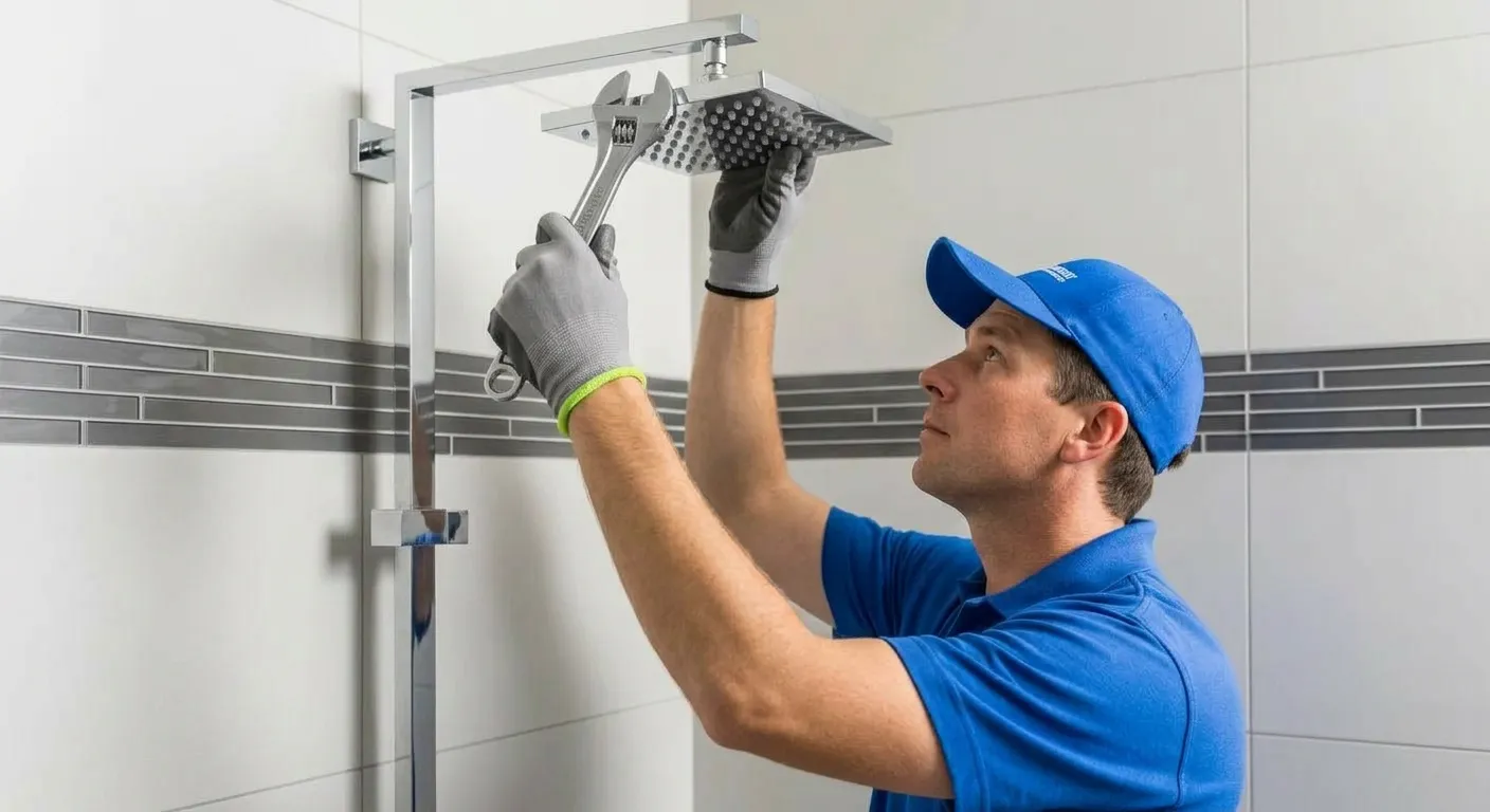 A Male Plumber Installing a Modern Square Chrome Shower Head With a Wrench