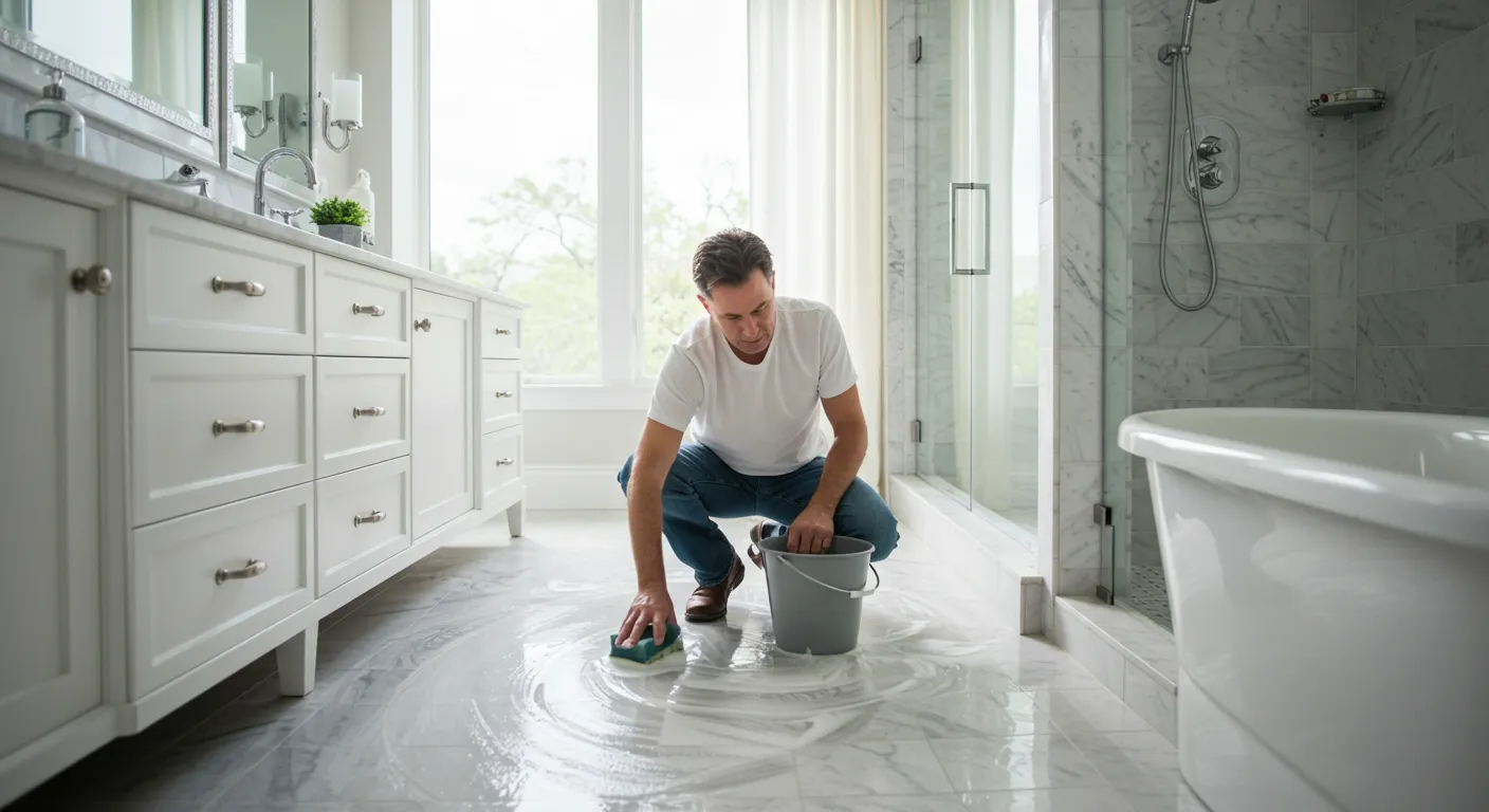 A Man Cleaning the Marks on the Floor of a Well Furnished Bathroom A Man Cleaning the Marks on the Floor of a Well Furnished Bathroom