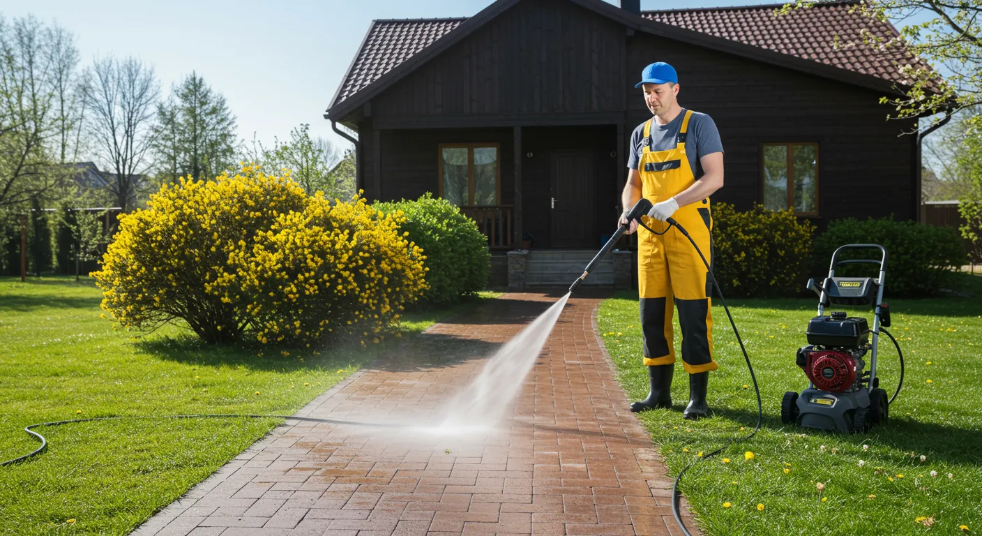 A Man Cleaning the Pathway of House A Man Cleaning the Pathway of House