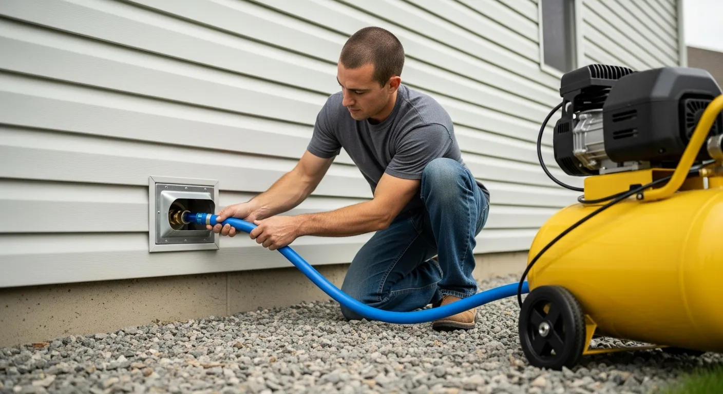 A Man Crouching While Connecting a Blue Hose to a Dryer Vent on a House With Horizontal Siding A Man Crouching While Connecting a Blue Hose to a Dryer Vent on a House With Horizontal Siding