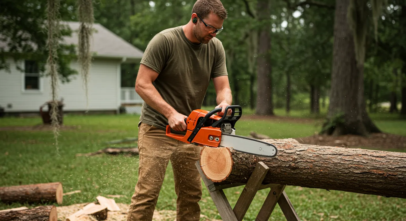 A Man Cutting a Log With a Red and Black Chainsaw A Man Cutting a Log With a Red and Black Chainsaw