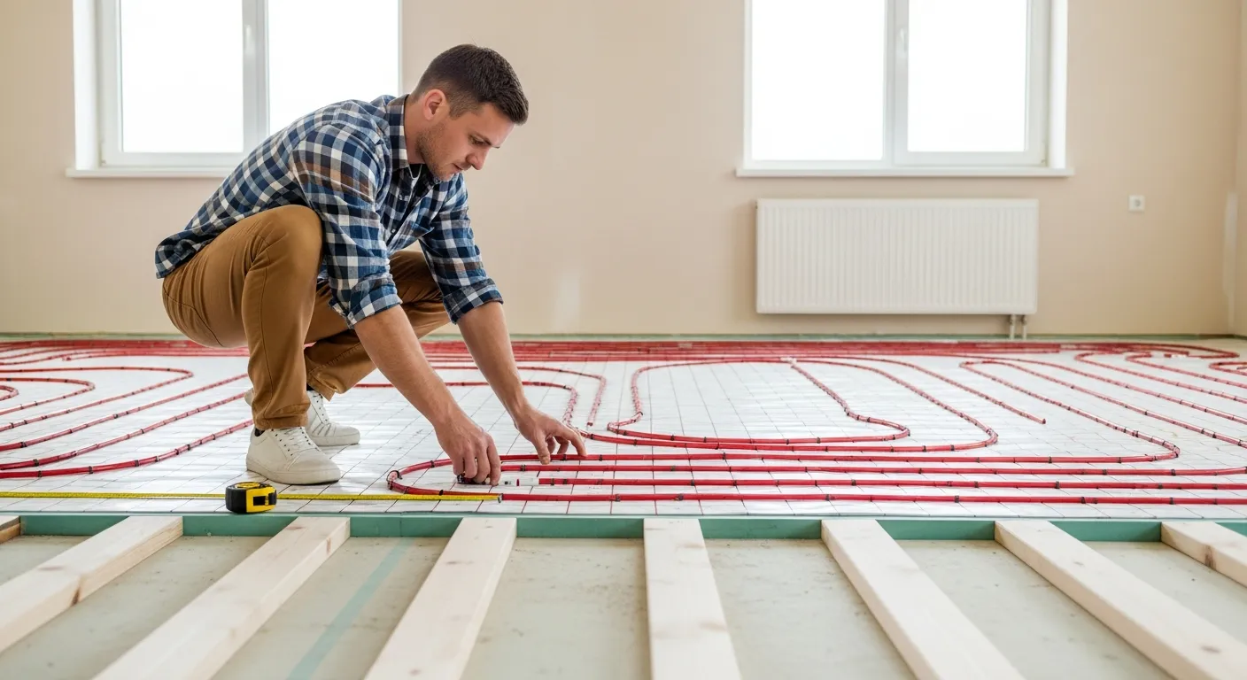 A Man Diligently Installing an Underfloor Radiant Electric Heating System