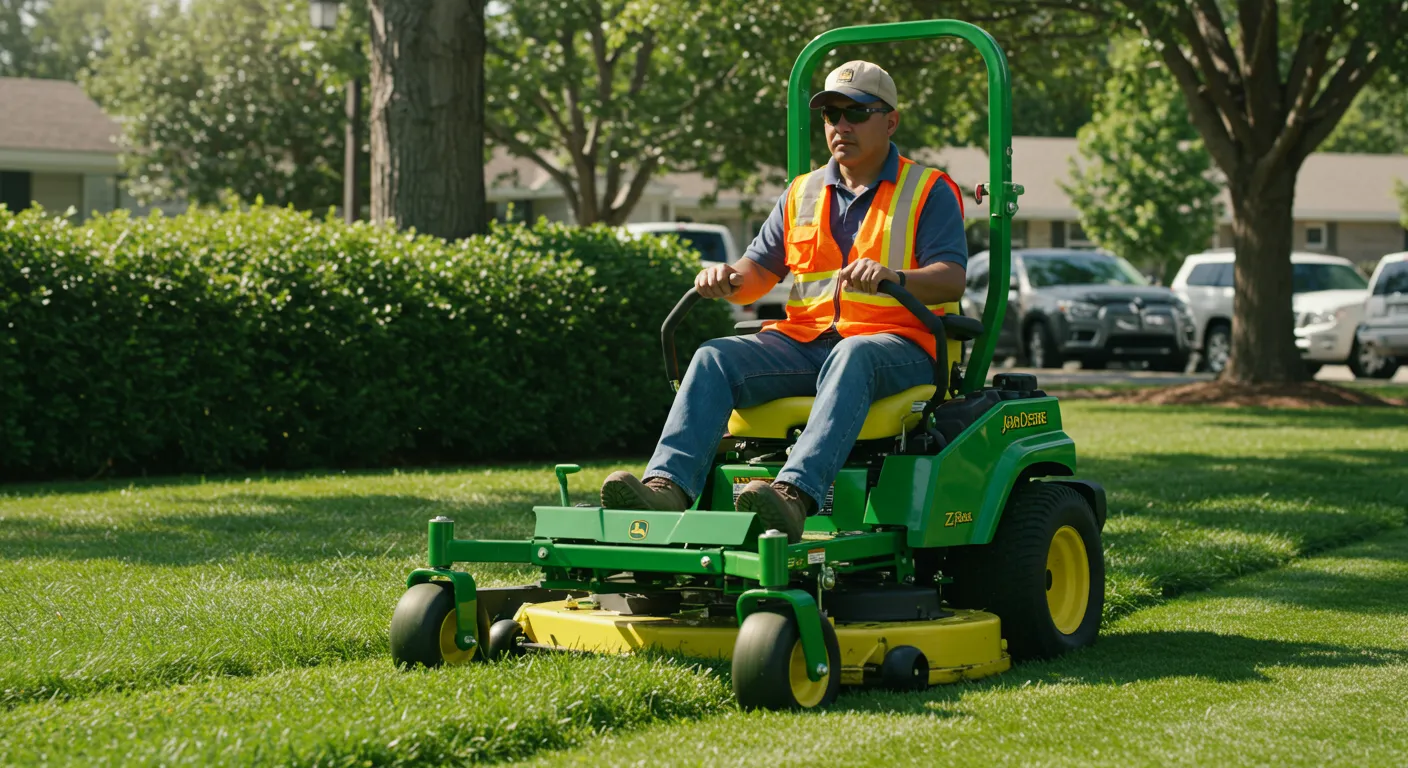 A Man Expertly Operating a Bright Green John Deere Ztrak Zero-turn Mower, Meticulously Cutting a Vibrant Green Lawn A Man Expertly Operating a Bright Green John Deere Ztrak Zero-turn Mower, Meticulously Cutting a Vibrant Green Lawn