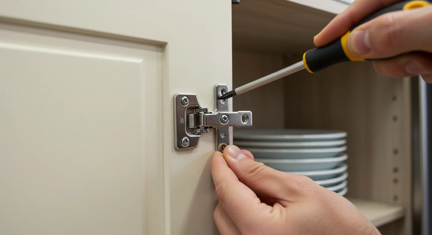 A Man Installing Silver Cabinet Hinges onto a Off White Painted Cabinet Door A Man Installing Silver Cabinet Hinges onto a Off White Painted Cabinet Door