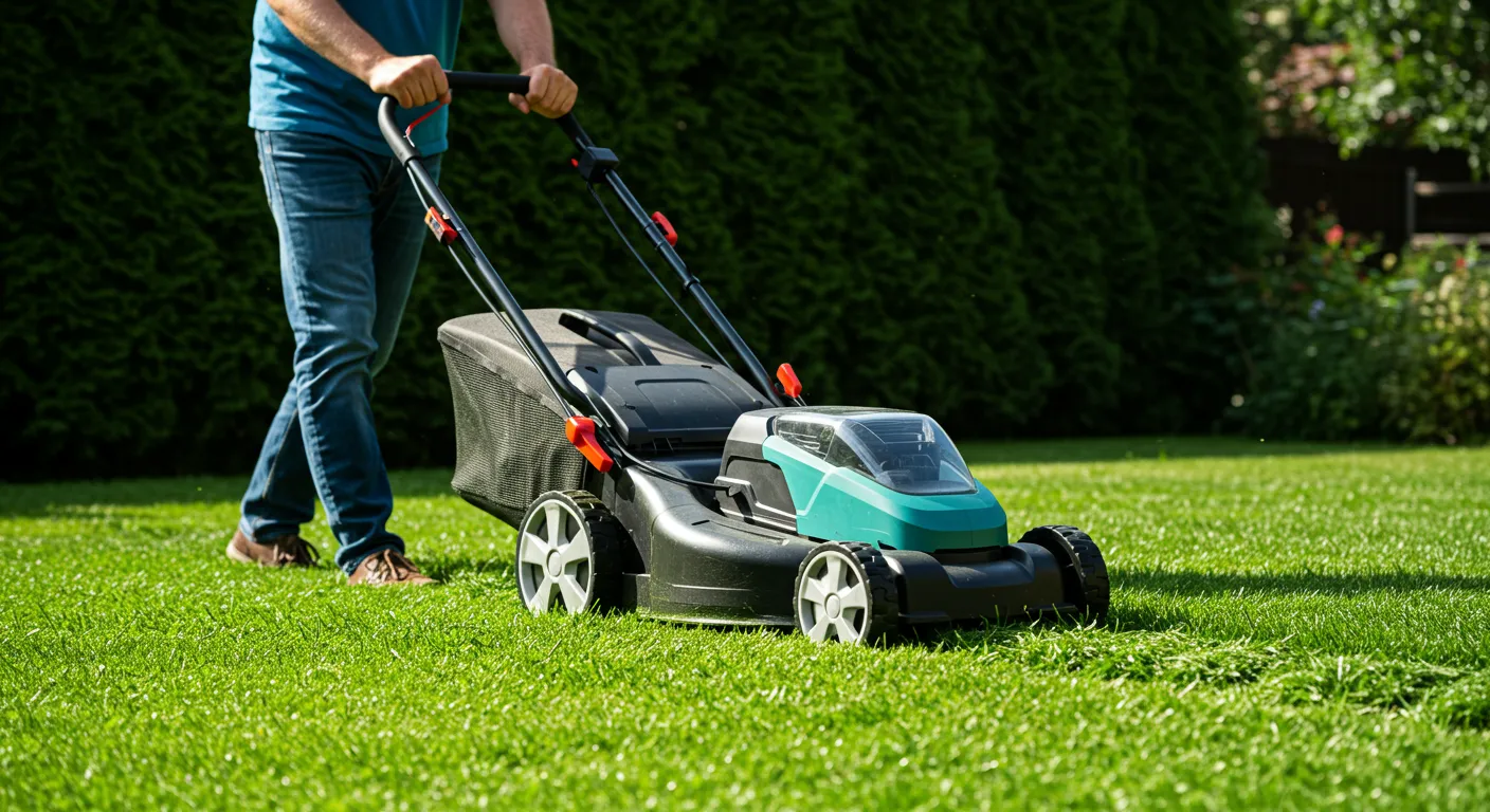 A Man Mowing a Vibrant Green Lawn With a Modern Electric Lawnmower A Man Mowing a Vibrant Green Lawn With a Modern Electric Lawnmower