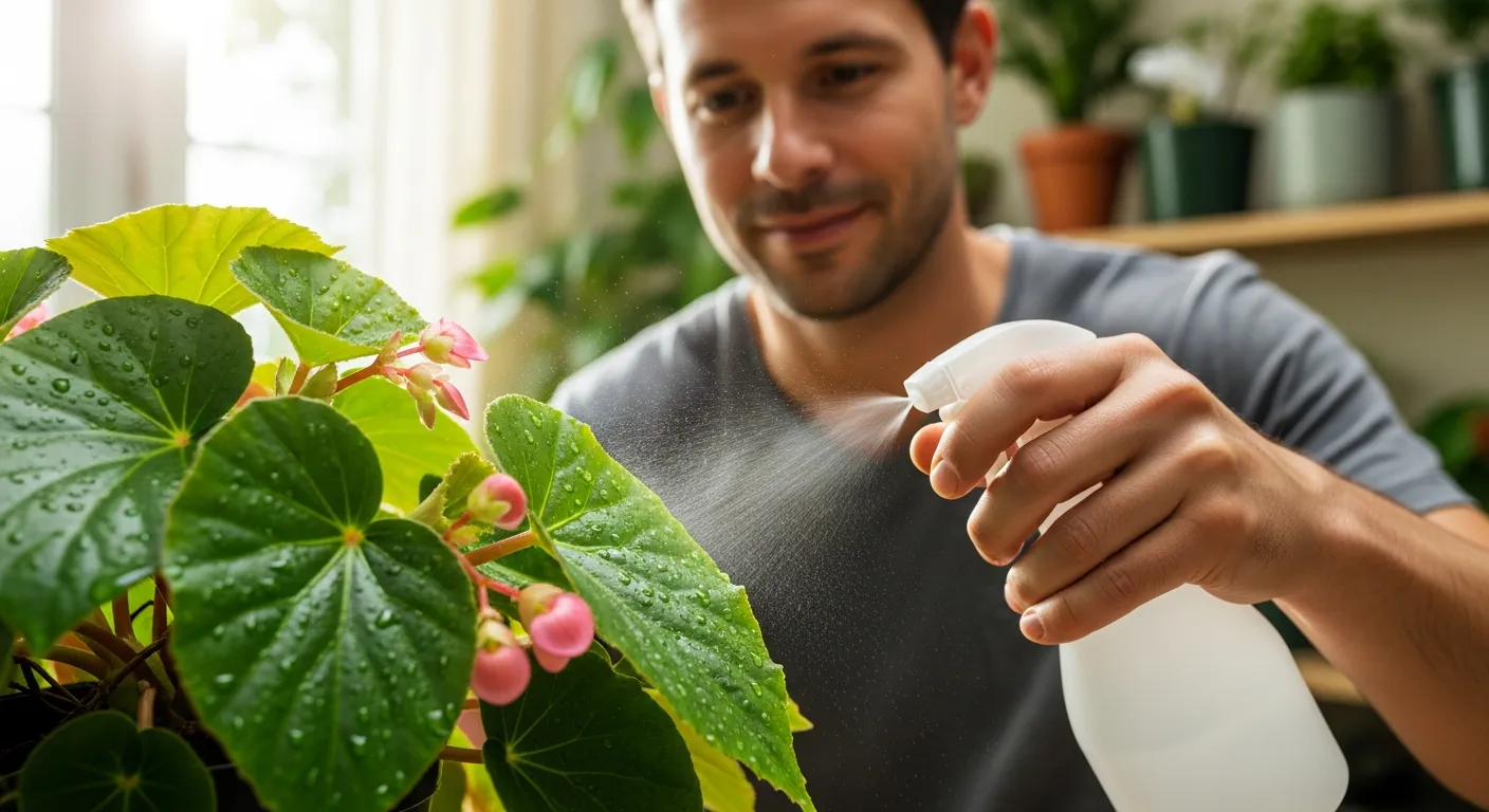 A Man Spraying a Fine, Visible Mist of Insecticidal Soap Onto the Vibrant Green, Glossy Leaves of a Large, Potted Begonia Plant