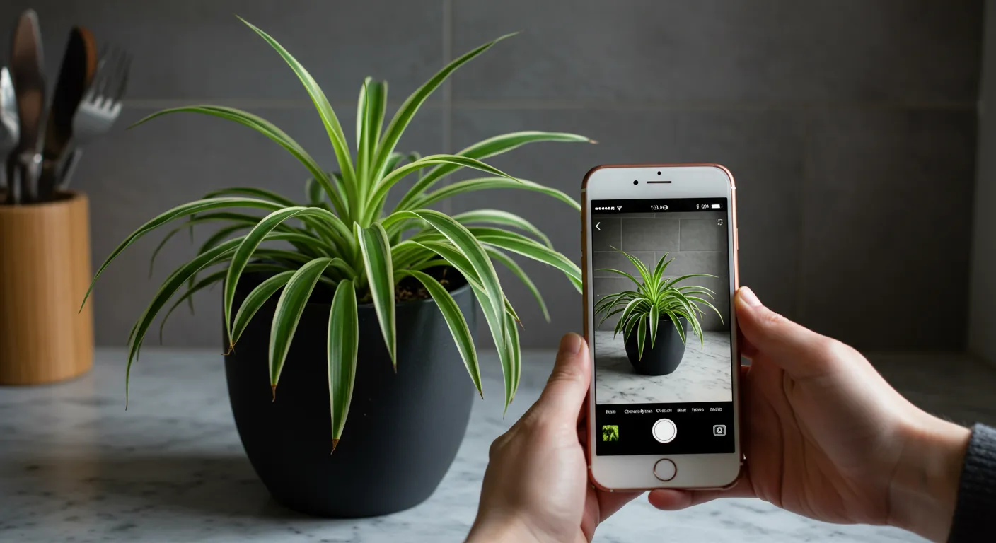 A Man Taking Photo of a Chlorophytum Comosum Plant in a Modern Black Pot With an Iphone A Man Taking Photo of a Chlorophytum Comosum Plant in a Modern Black Pot With an Iphone