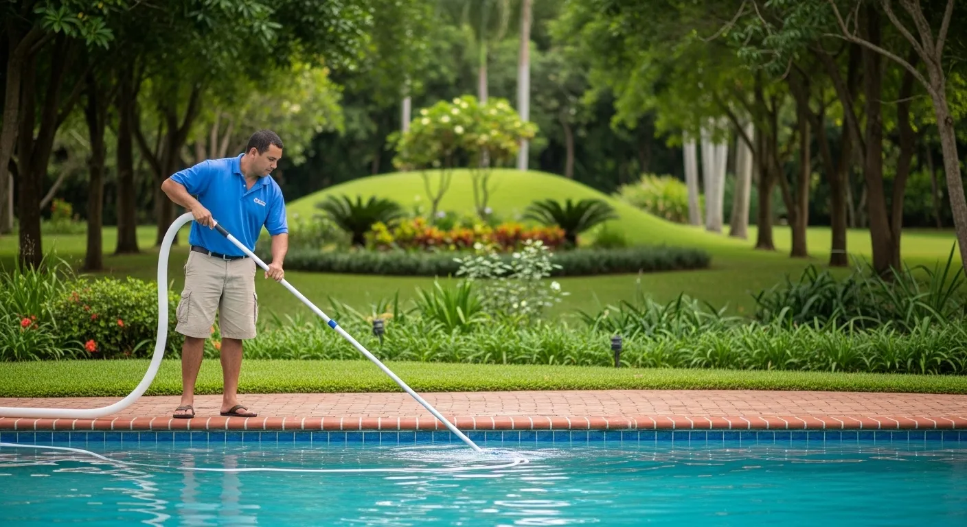 A Man is Cleaning a Swimming Pool With a Long White Pole Vacuum A Man is Cleaning a Swimming Pool With a Long White Pole Vacuum