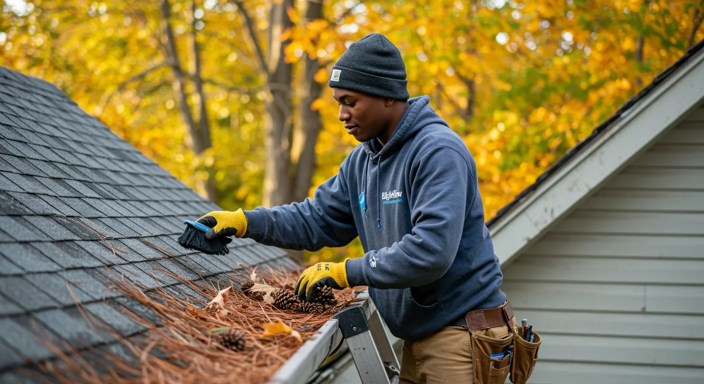 A Man on a Silver Aluminum Ladder Cleaning Leaves from a Roof Gutter A Man on a Silver Aluminum Ladder Cleaning Leaves from a Roof Gutter