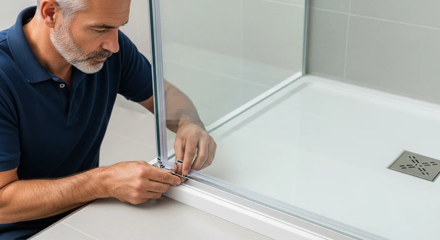A Mans Hand Meticulously Adjusting a Shiny Chrome-finish Metallic Track at the Bottom of a Clear Glass Shower Door
