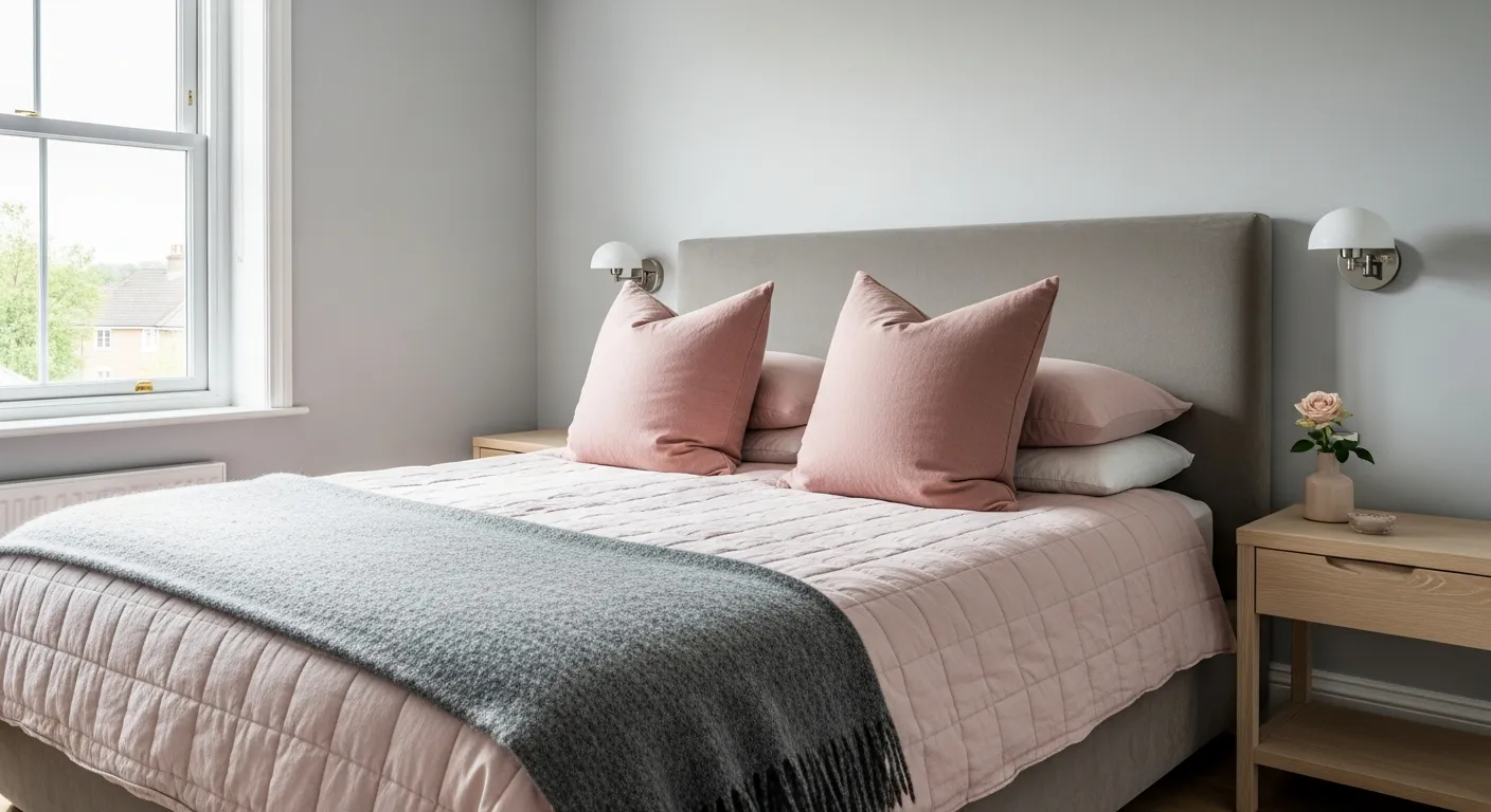 A Master Bedroom Interior With a Luxurious King-sized Bed, Impeccably Made With Crisp Pale Pink Linen Sheets and Grey Headboard