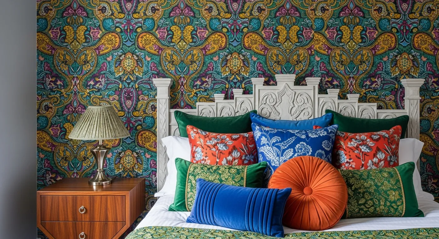 A Maximalist Bedroom Featuring a Vibrant Wallpaper in Bold, Contrasting Colors