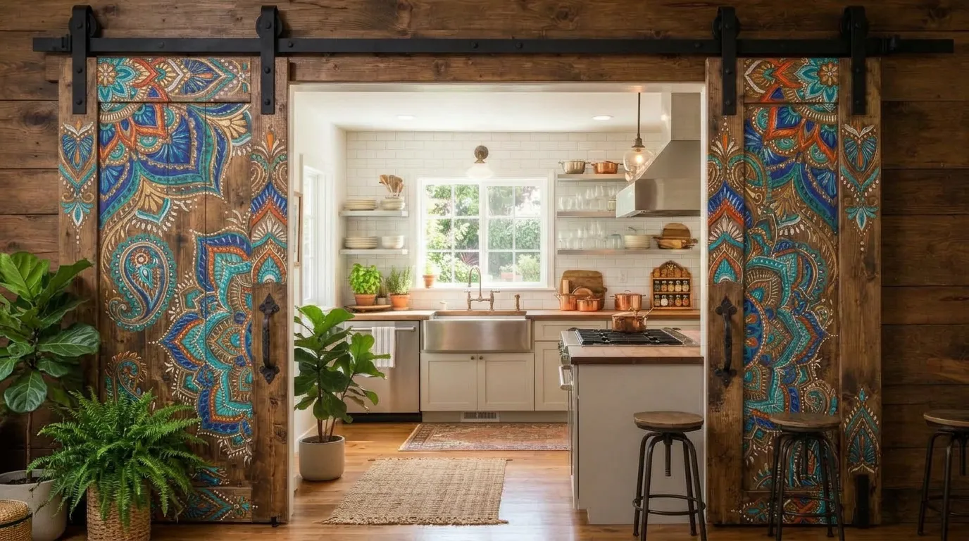 A Medium-brown Stained Rustic Wooden Barn Door, Adorned With Intricate Carved and Painted Mandala
