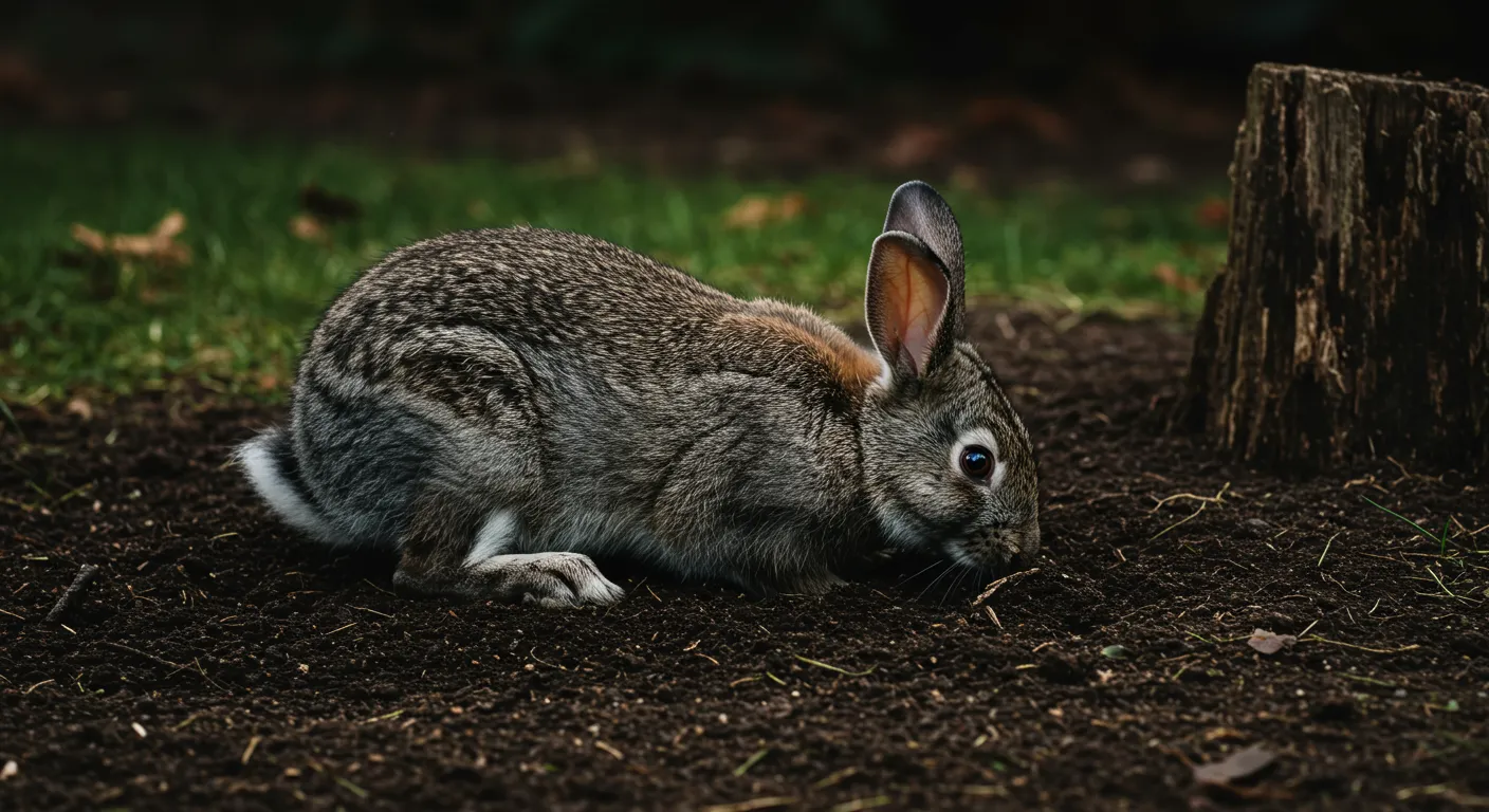 A Medium-sized Gray Rabbit Digging a Small Burrow in Dark Brown Dirt