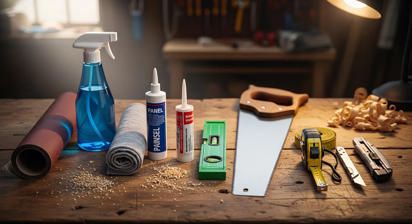 A Meticulously Arranged Collection of Essential Hand Tools on a Worn, Rustic Wooden Workbench