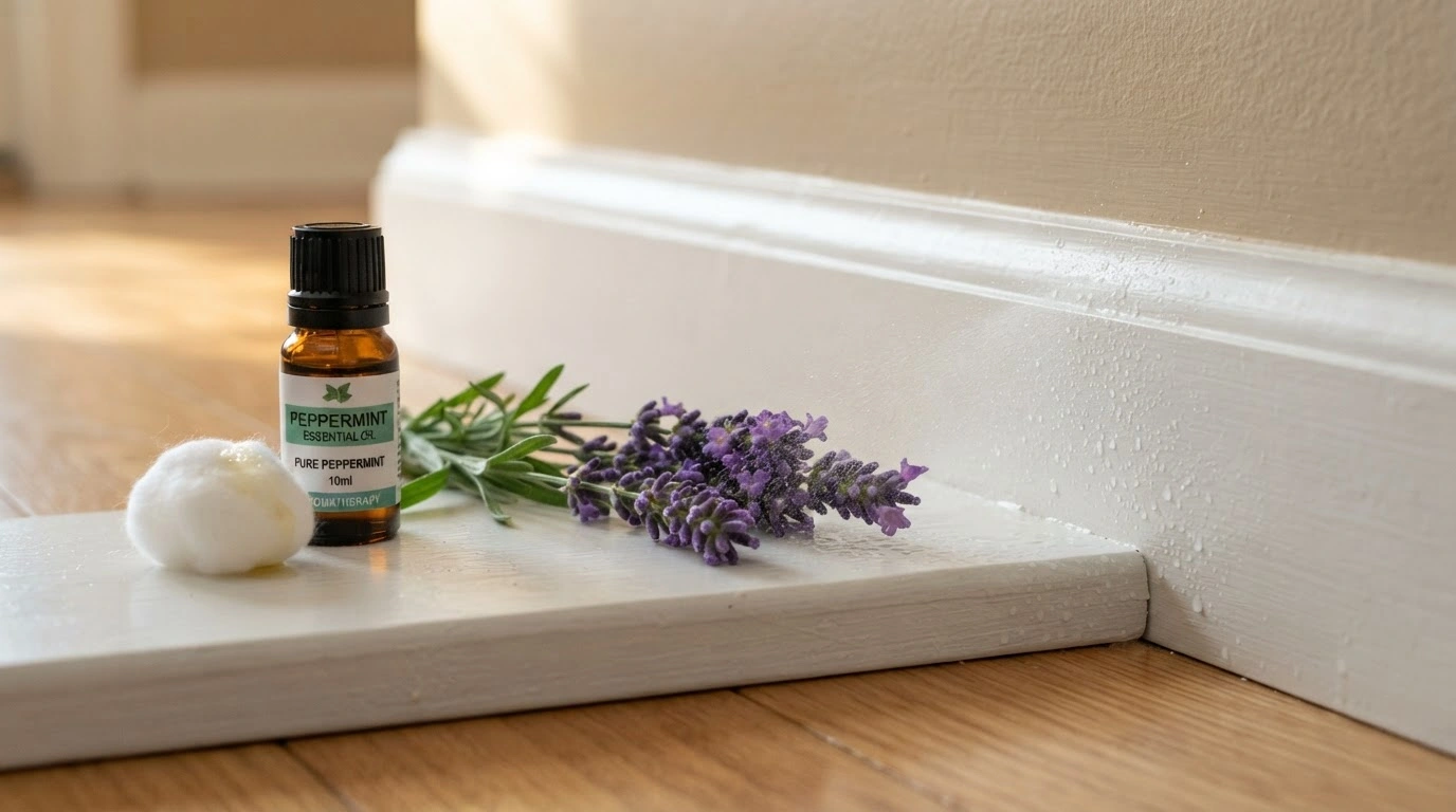 A Meticulously Clean, Brightly Lit Wooden Baseboard With a Small Glass of Concentrated Peppermint Essential Oil