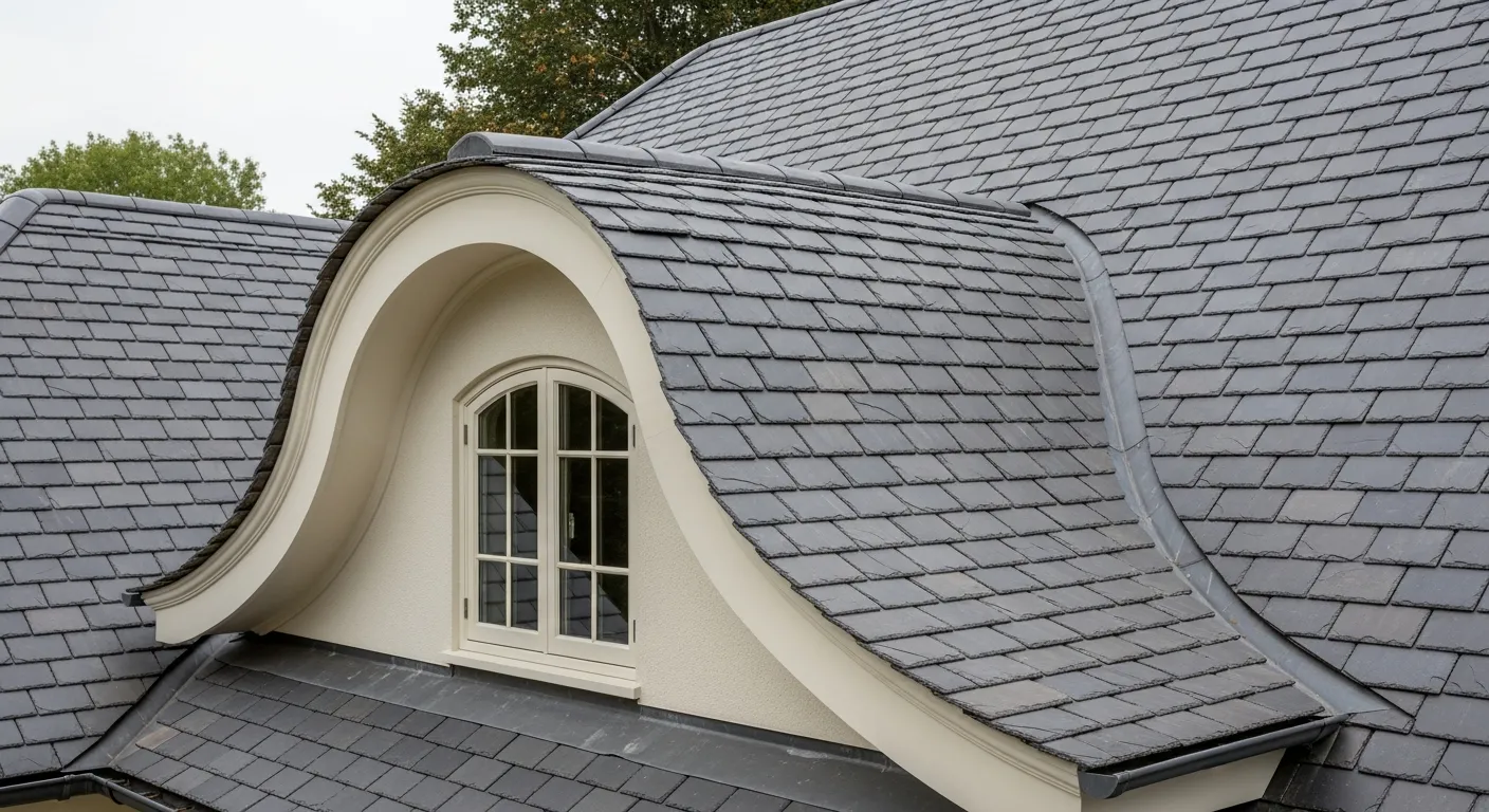 A Meticulously Constructed Eyebrow Dormer, Showcasing Its Complex Curvature on a Classic, Well-maintained House