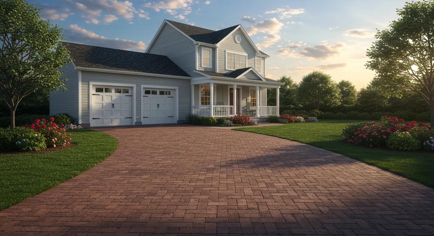 A Meticulously Crafted Driveway Made of Patterned Red Bricks A Meticulously Crafted Driveway Made of Patterned Red Bricks