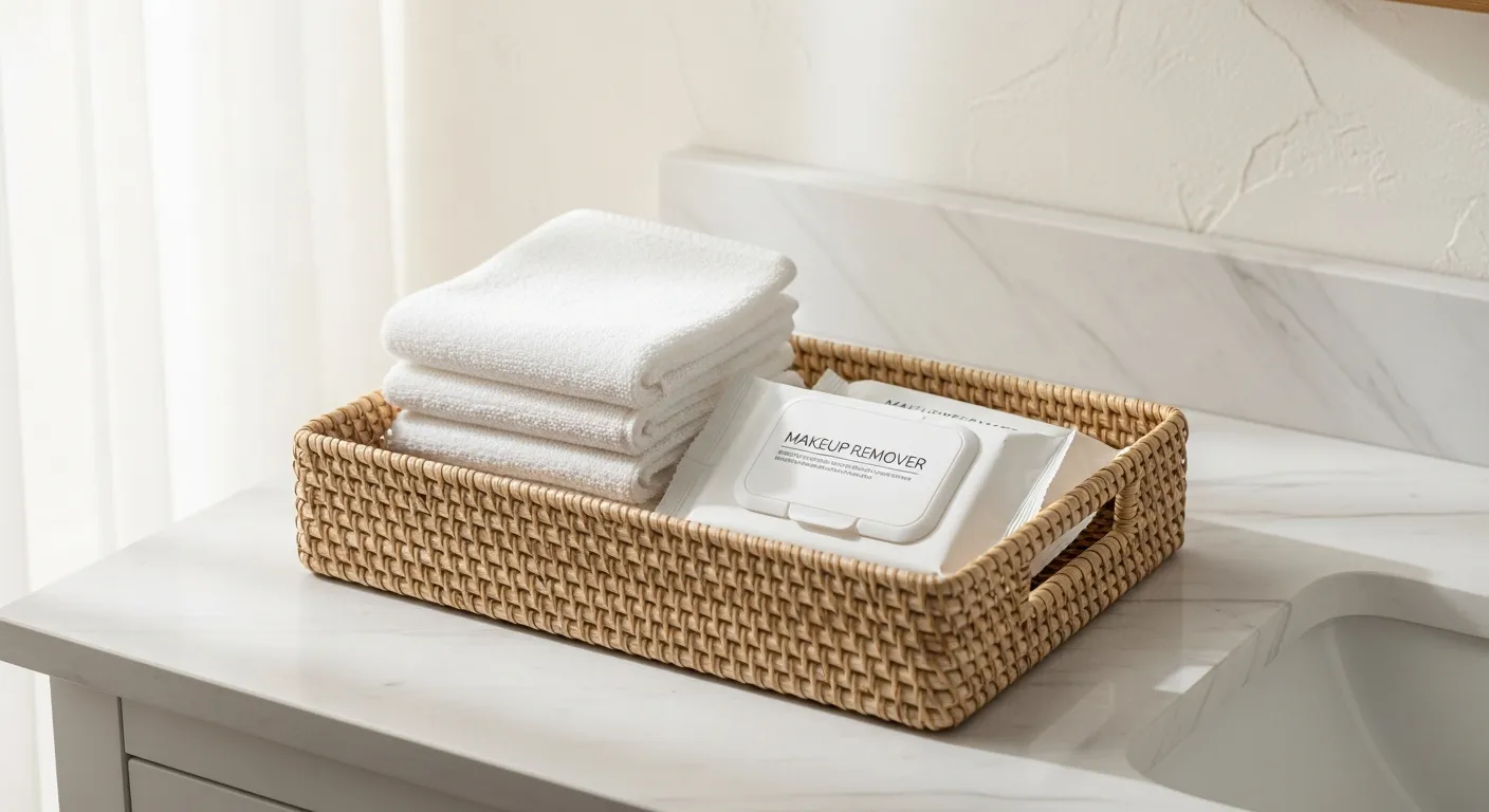 A Meticulously Crafted, Petite Woven Wicker Tray, Made of Natural Light-colored Fibers, Placed on a Pristine, White Marble Vanity Countertop