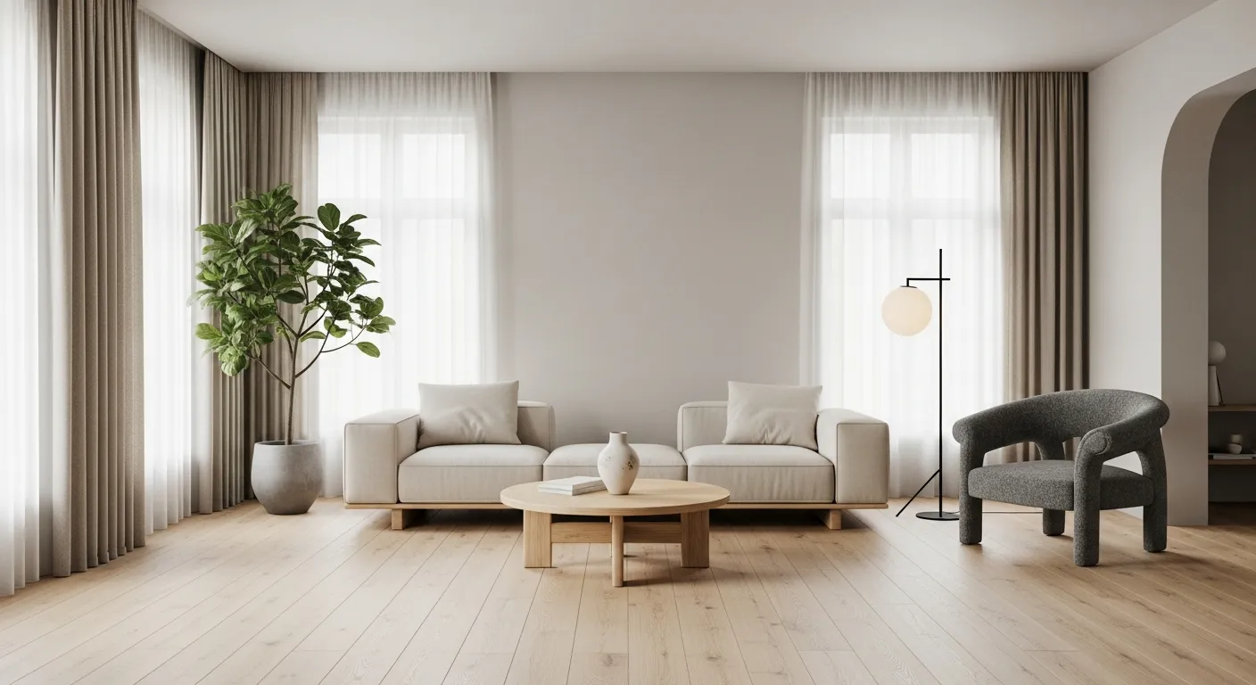A Meticulously Designed Japandi-style Living Room, Emphasizing Tranquility, Functionality, and Understated Elegance