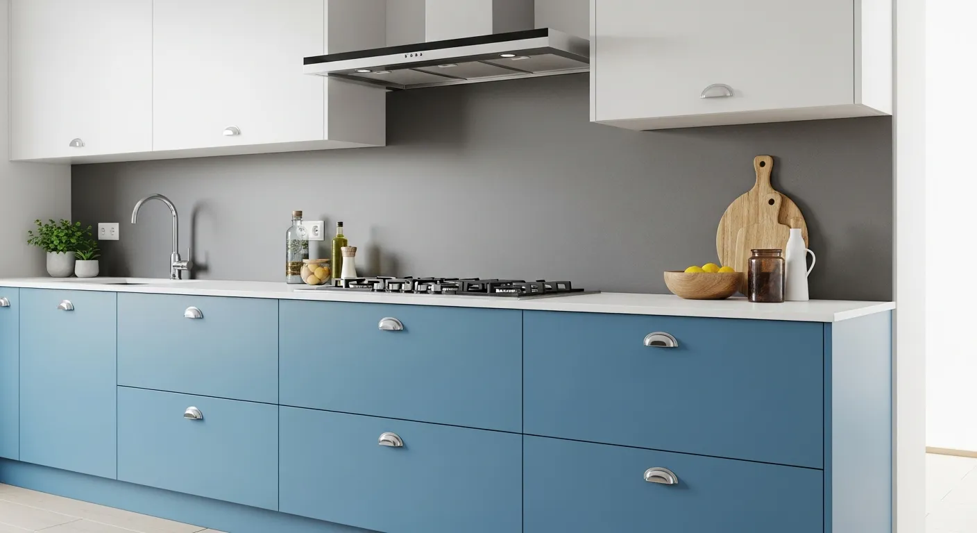 A Meticulously Designed Kitchen Interior With a Sleek, Matte Gray Backsplash, Strikingly Contrasting With the Vibrant, Cornflower Blue Cabinets
