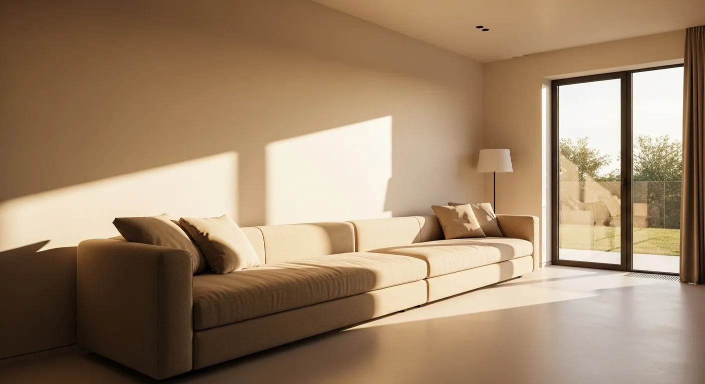 A Meticulously Designed, Small Living Space With an Expansive, Low-profile Sofa Dominating a Long Wall