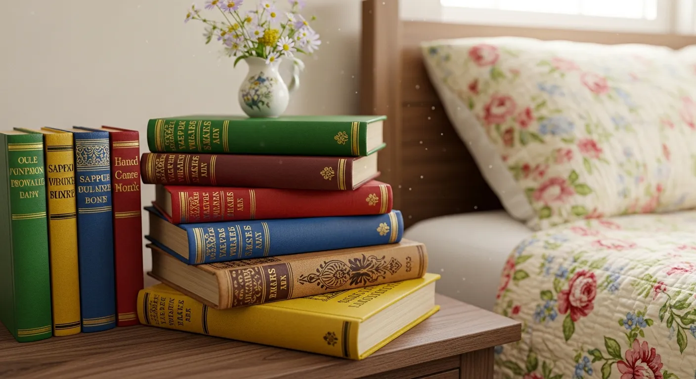 A Meticulously Stacked Pile of Vintage, Antique Books on a Rustic, Weathered Wooden Nightstand