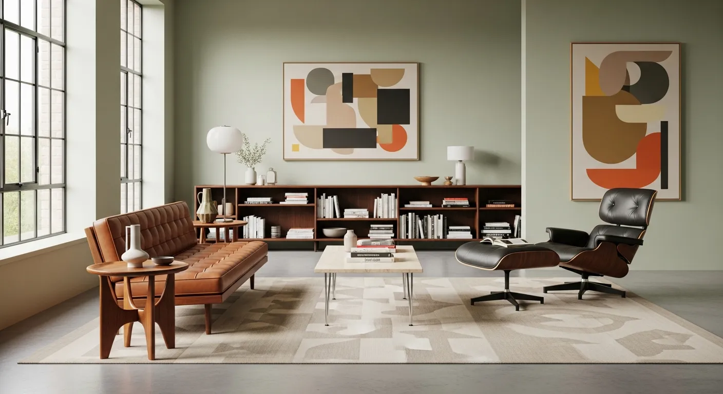 A Mid-century Modern Living Room Interior With Clean, Simple Lines and Natural Materials, Meticulously Arranged for a Sleek, Uncluttered Aesthetic