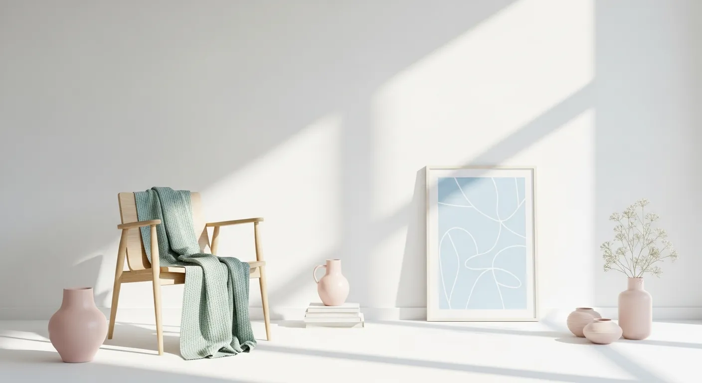 A Minimalist Danish Design Living Space With Pristine, Matte White Walls and Precisely Arranged Pastel-colored Accessories