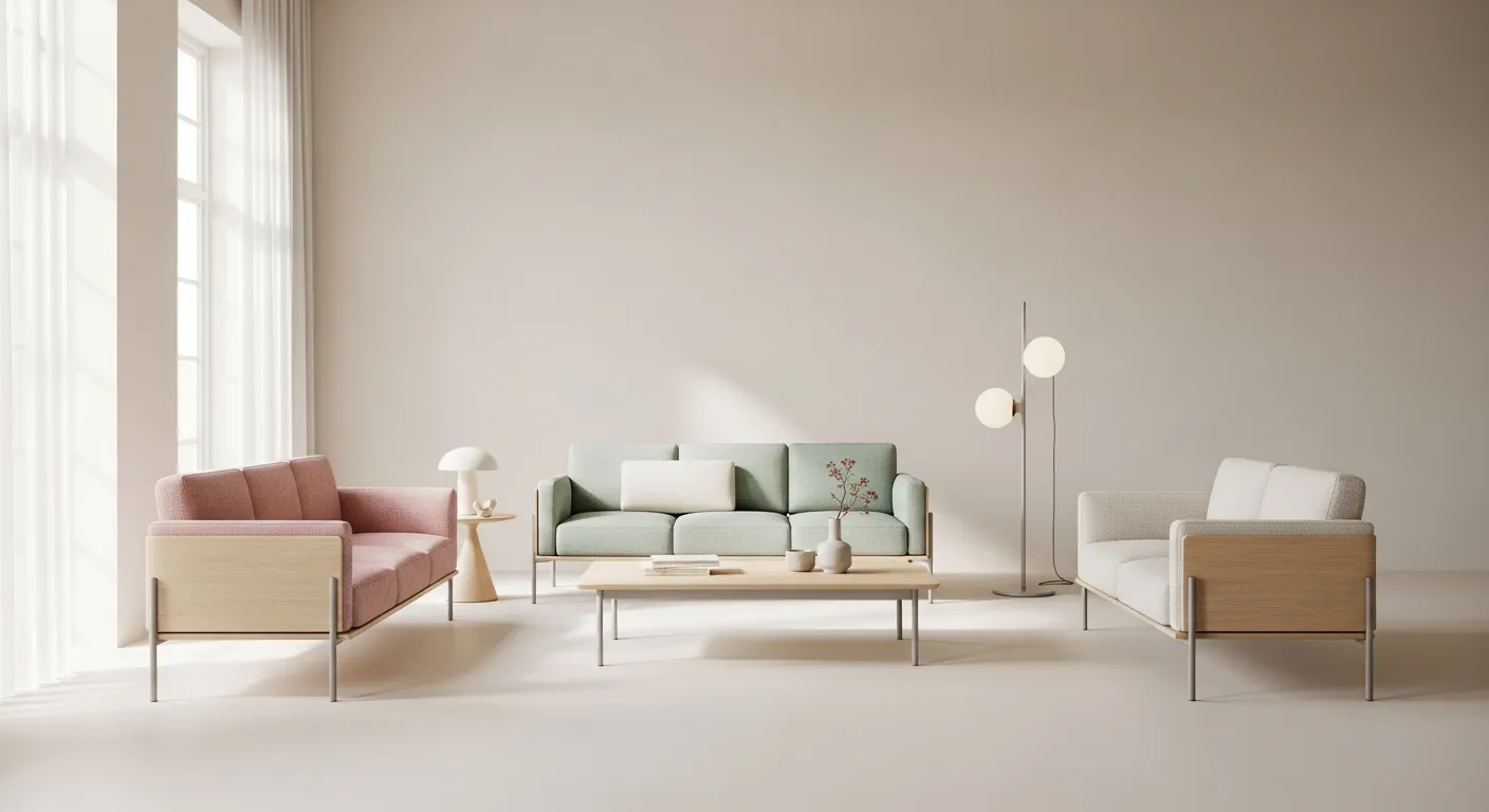 A Minimalist Danish Pastel Style Living Room Interior, Emphasizing Sleek Lines, Balance, and Harmony
