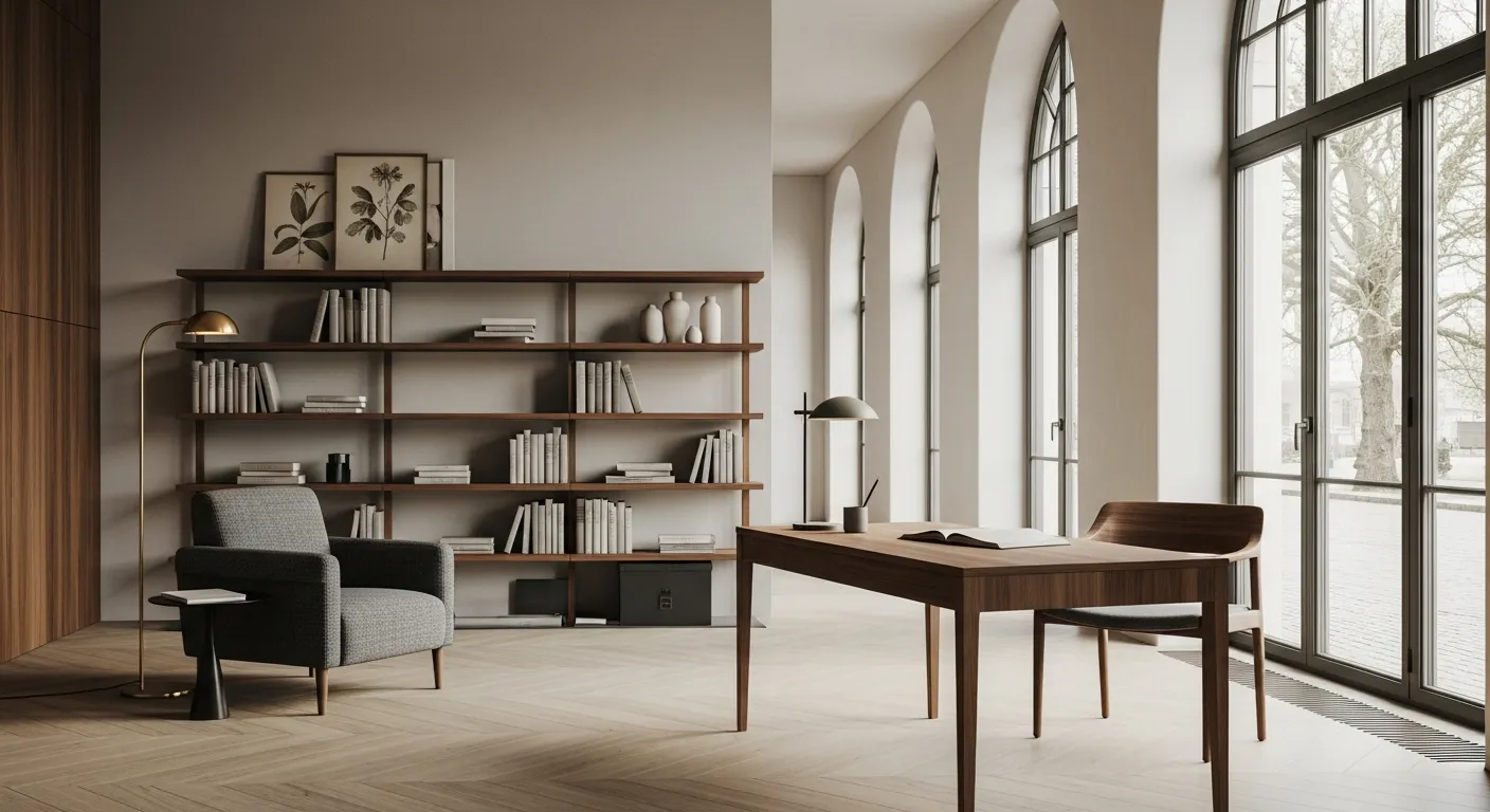 A Minimalist Dark Academia Study, With an Expansive and Airy Space Bathed in Soft, Diffused Natural Light From Tall, Arched Windows