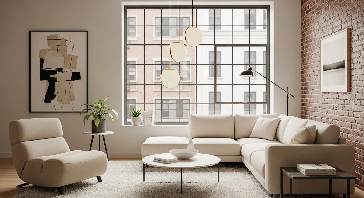 A Minimalist Living Room With an L-shaped Sofa, a Beige Lounge Chair and Three Spherical Pendant Lights Hang in Front of a Large Window