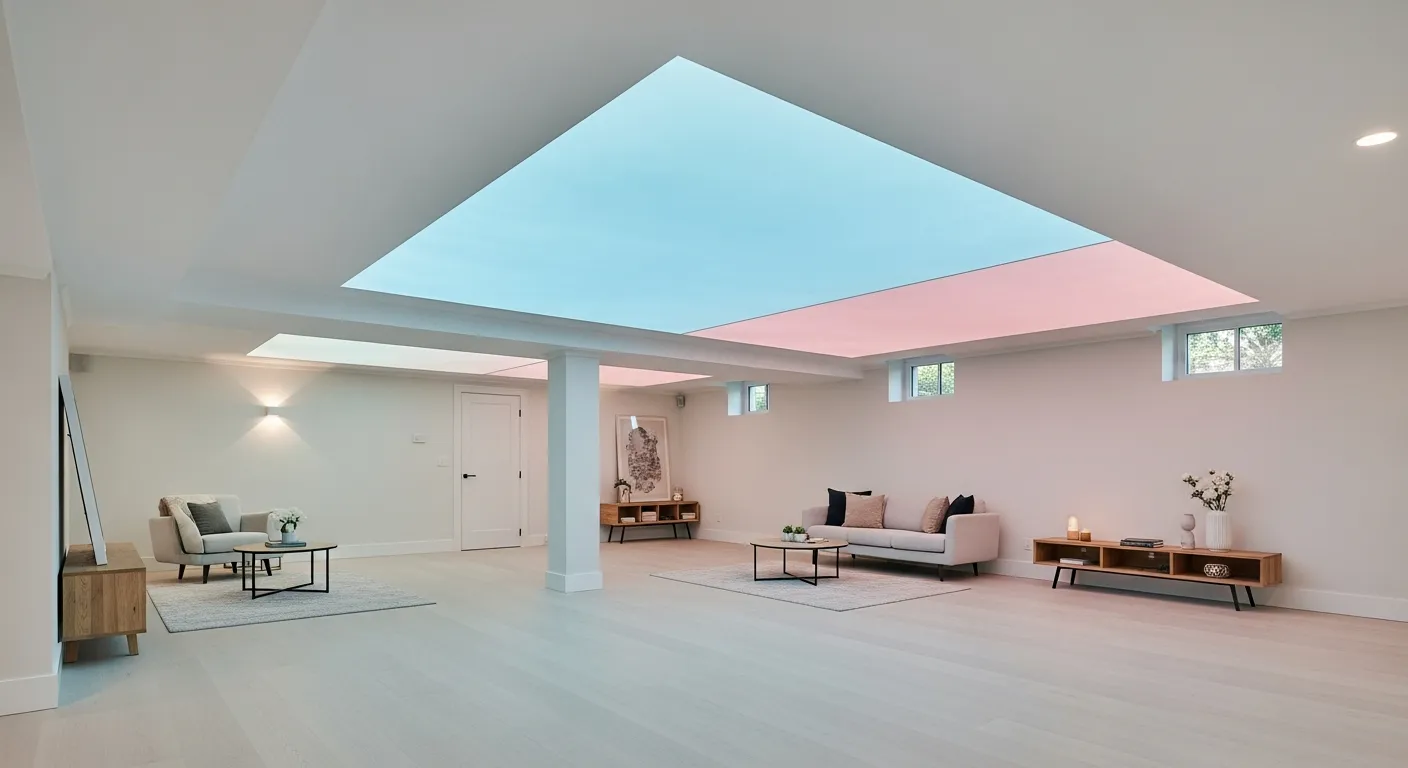 A Modern Basement Transformed Into a Serene, Airy, and Spacious Living Area With Ceiling Features Soft, Matte Pastel Hues