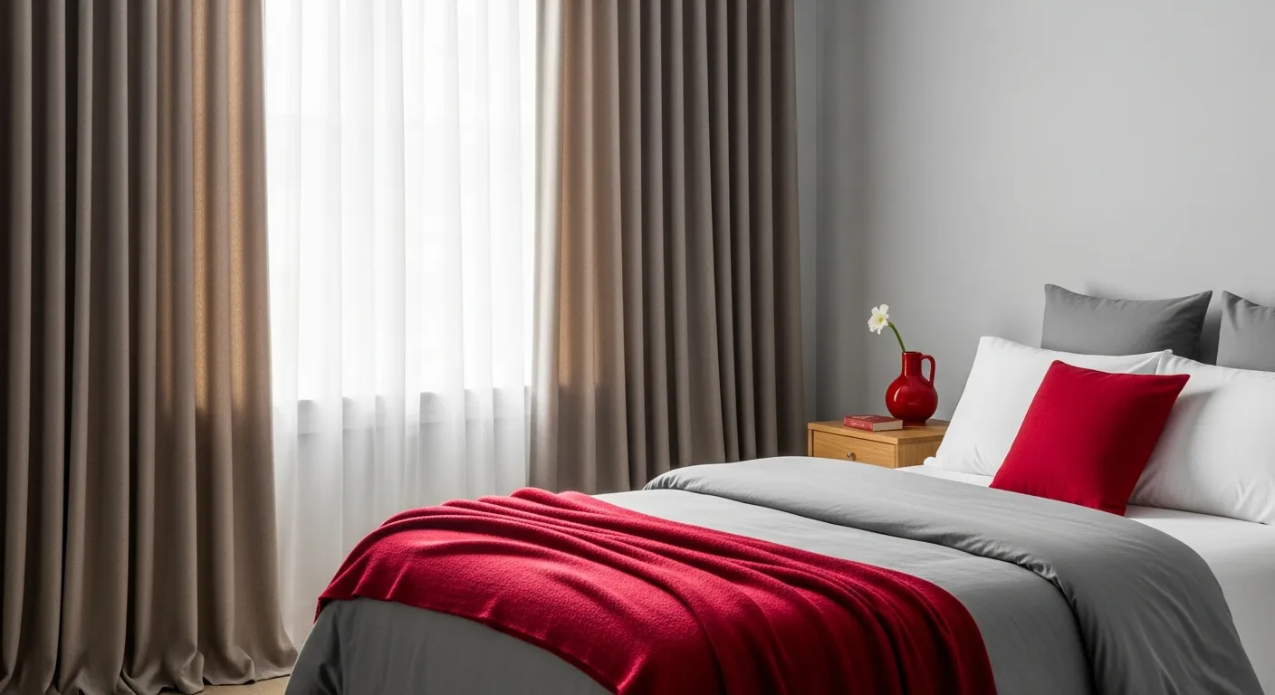 A Modern Bedroom With a Charcoal Gray Linen Drapes and a Bed With a Delicate Red Throw Blanket Draped at the Foot of the Bed