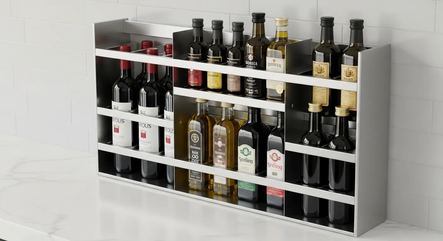 A Modern Bottle Shelving Unit With a Sleek Shelving, Crafted From Brushed Stainless Steel