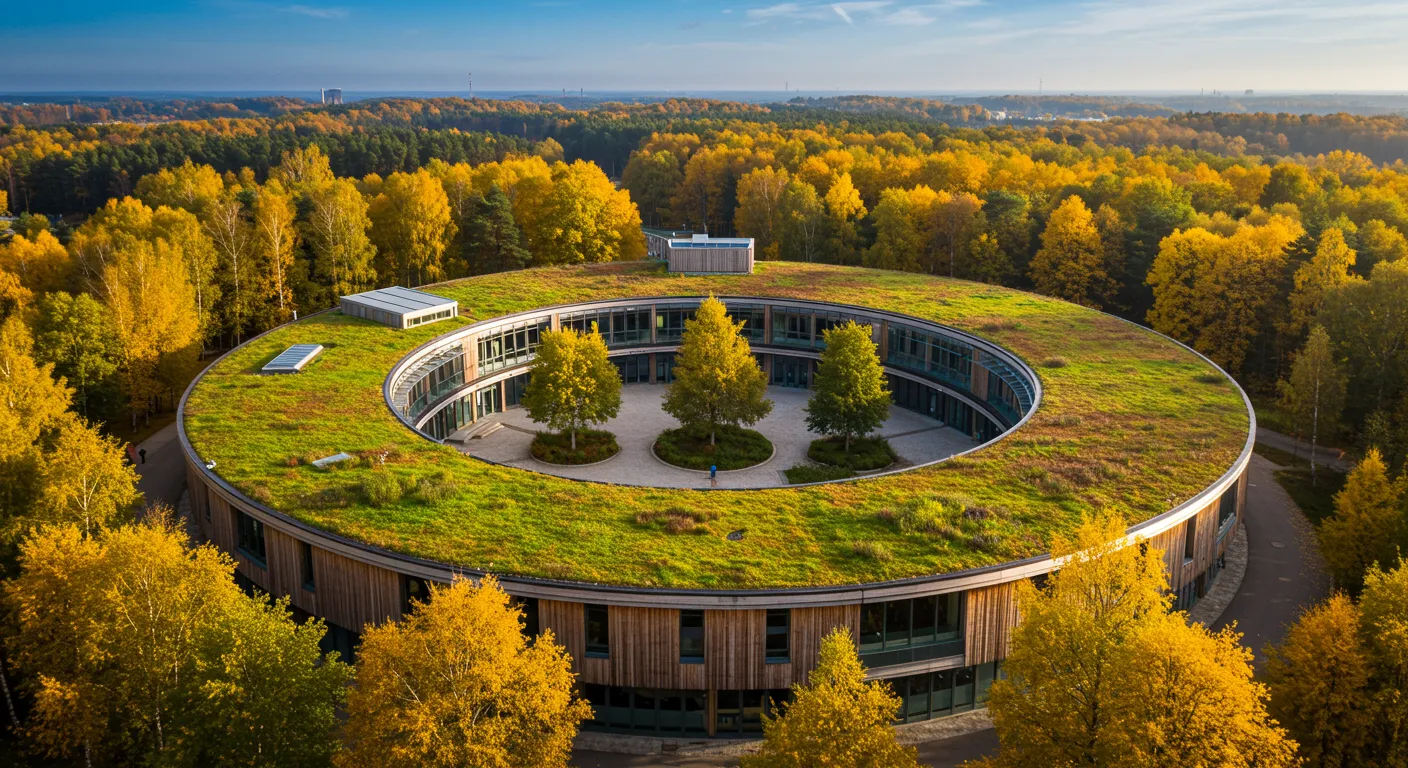 A Modern Circular Eco Building With a Vibrant Green Roof A Modern Circular Eco Building With a Vibrant Green Roof