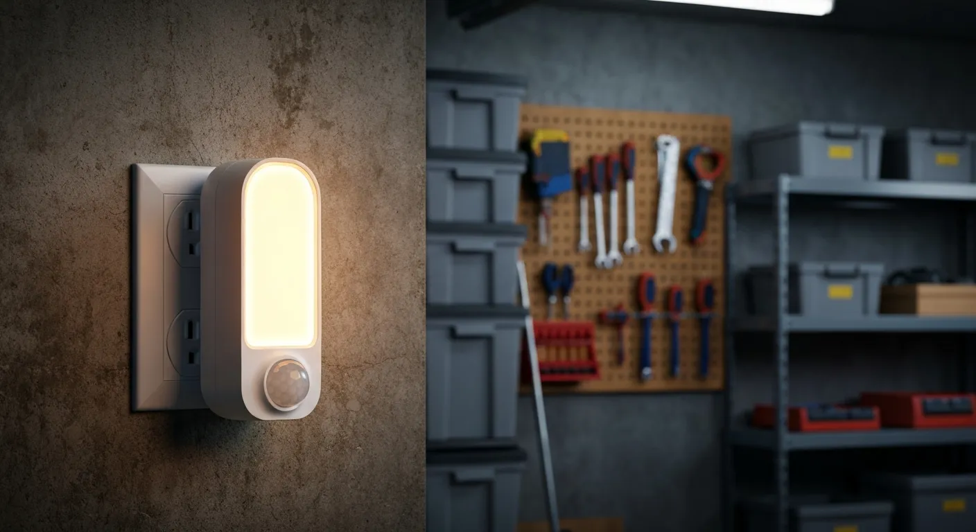 A Modern, Compact Shopn5 LED Motion Sensor Plug-in Night Light, Precisely Mounted on a Textured Concrete Garage Wall