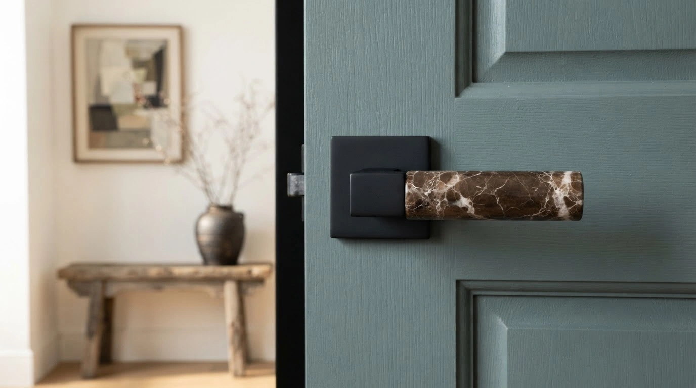 A Modern Door Handle Featuring a Matte Black Square Lever and Grip Made of Rich Brown Marble Mounted on a Muted Teal-grey Panel Door