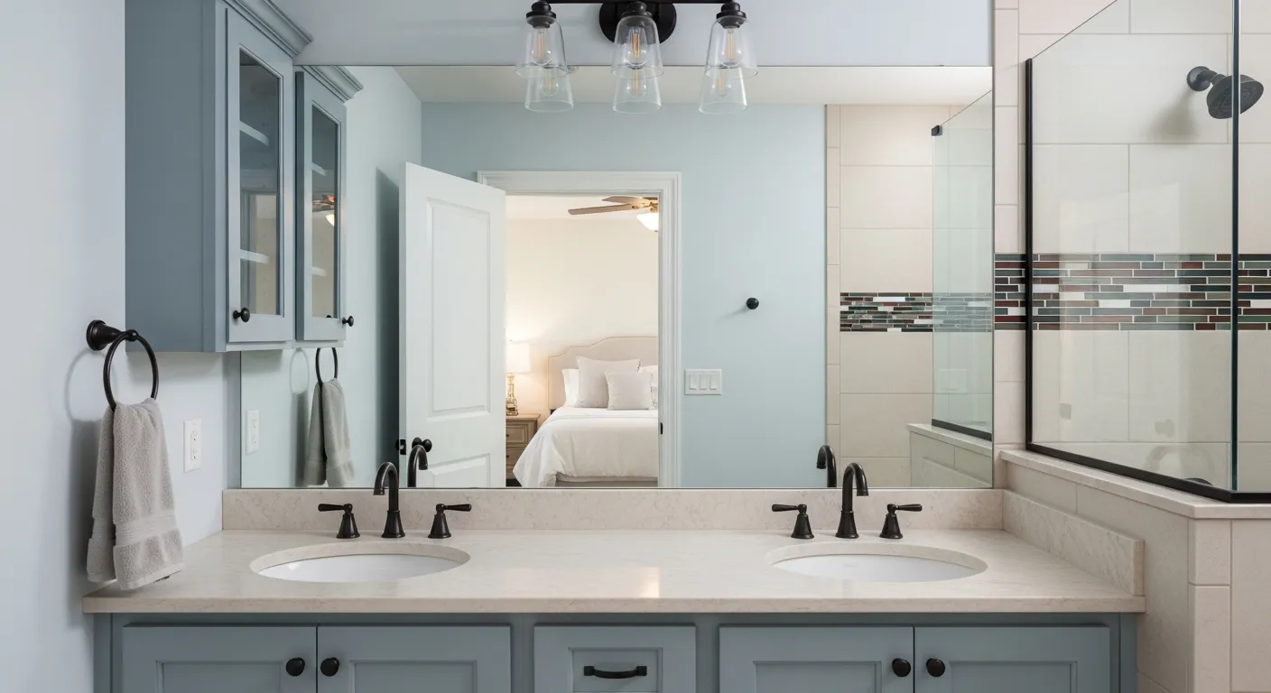 A Modern Double Vanity Bathroom Featuring a Light Blue-grey Double Vanity Cabinet