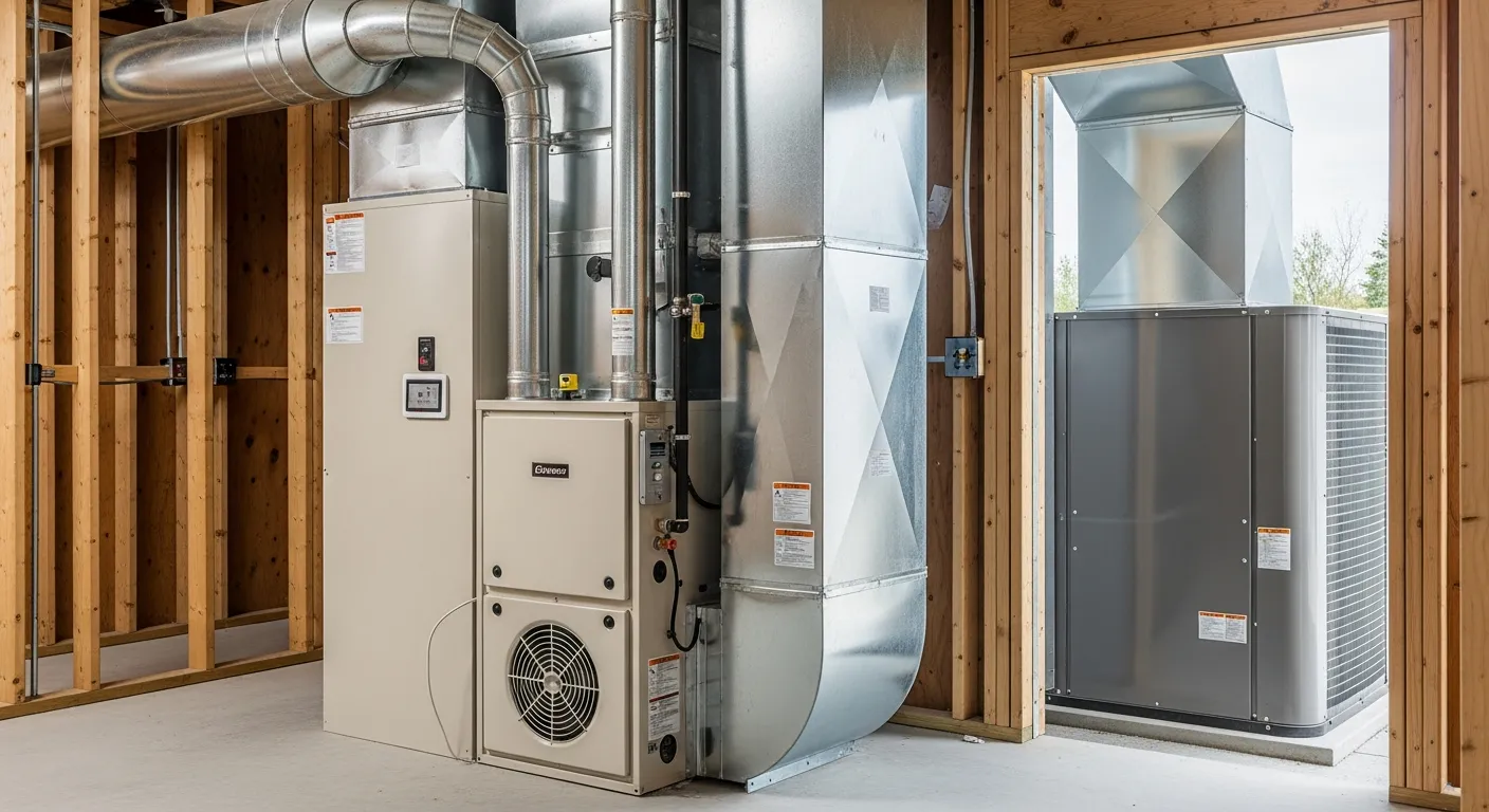 A Modern, Energy-efficient Standard AC and Natural Gas Furnace Split System Meticulously Installed in a Clean, Newly Constructed Home's Utility Room