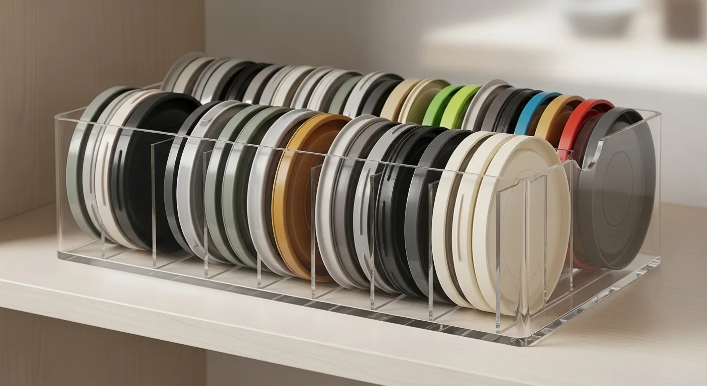 A Modern Food Storage Lid Organizer Crafted From High-quality Acrylic, Positioned Centrally on a Light-colored Wooden Kitchen Shelf
