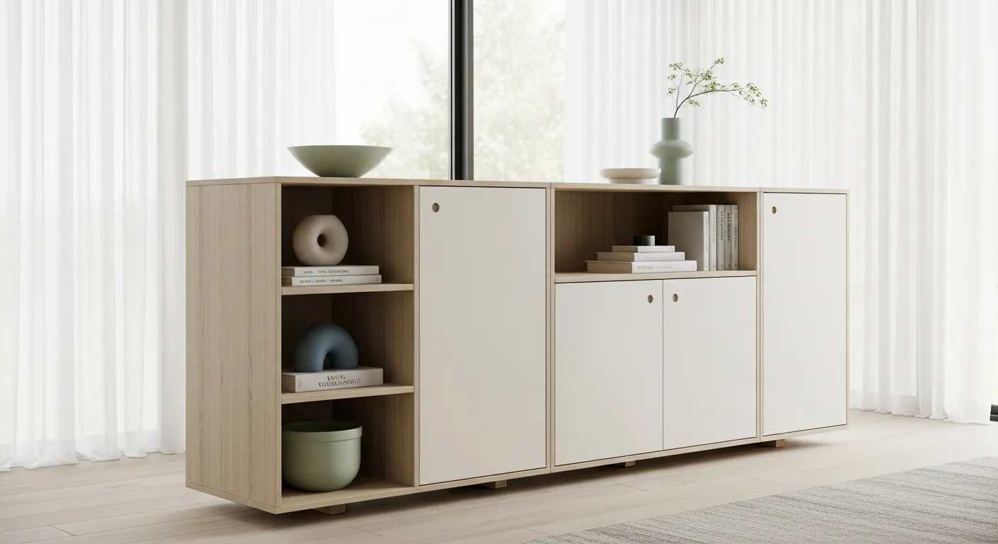 A Modern, Functional Storage Unit Featuring a Sleek, Minimalist Lines, Crafted From Light-toned Natural Wood