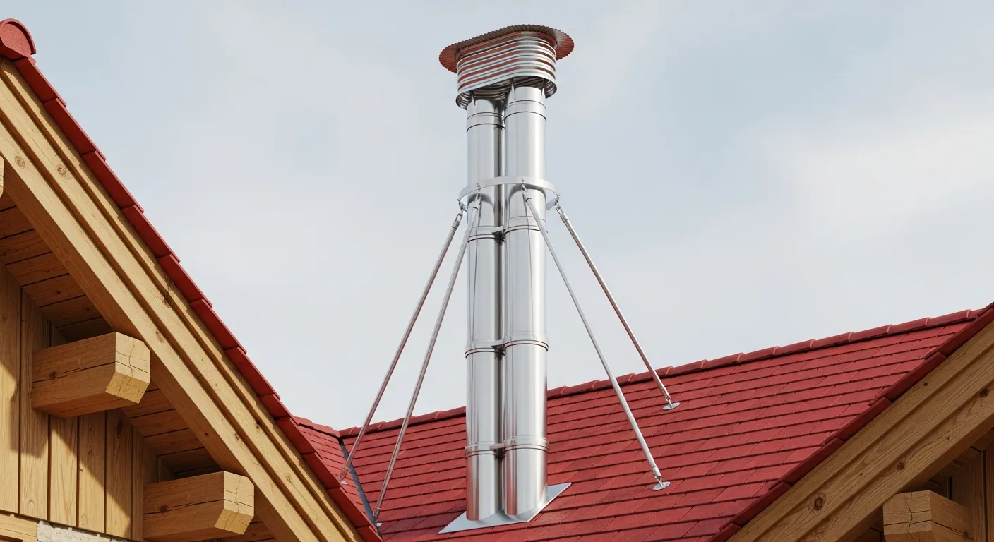 A Modern, Gleaming Stainless Steel Chimney System, Positioned Centered on a Residential Rooftop