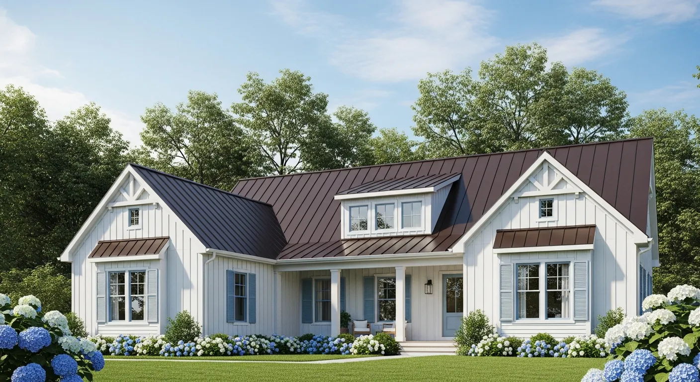 A Modern Home, With a Striking Dark Brown Metal Roof, White Siding and Trim, Accented by Calming Periwinkle Blue Window Frames and Shutters
